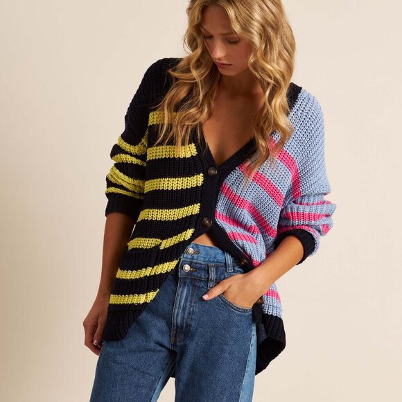 John + Jenn Blue and Black Cotton Cable Knit Cardigan XS - Picture 1 of 10